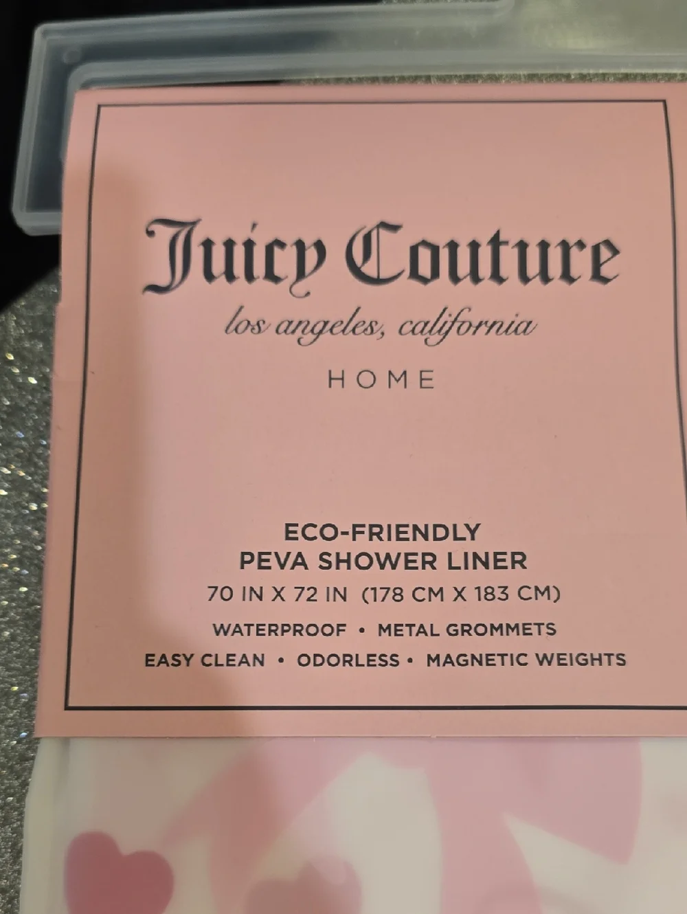 Juicy Couture Home Juicy Script Logo Hearts & Bows PEVA Shower Curtain Liner